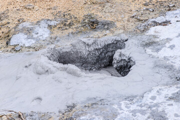 Close-Up View of Bubbling Mud Pool in Natural Geothermal Area, Goshougake, Akita, Japan