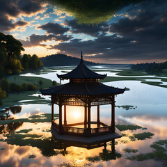 japanese temple at sunset generative ia	