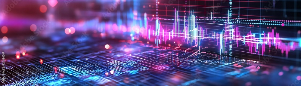 Poster abstract visualization of data with vibrant colors, showcasing dynamic patterns and technology in a 