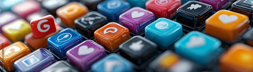 Poster close-up of colorful keyboard buttons featuring various social media icons and symbols, representing