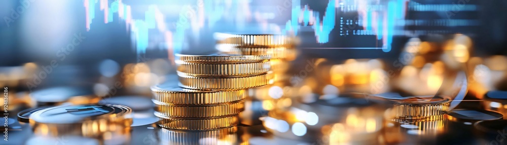 Poster close-up of shiny gold coins stacked on a surface, with a digital graph in the background representi