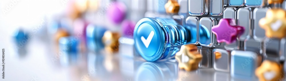 Poster colorful buttons and icons scattered on a reflective surface, symbolizing digital interaction and cr