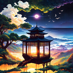 japanese temple in the night generative ia	