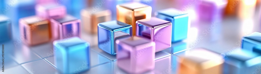 Poster colorful translucent cubes arranged in an abstract pattern, creating a vibrant and modern visual eff