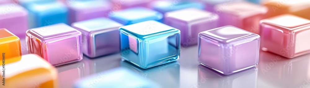 Poster colorful transparent cubes are arranged on a reflective surface, creating a vibrant and playful back