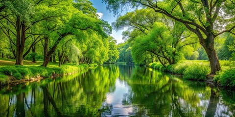 Obraz premium Lush landscape with vibrant green trees surrounding a peaceful waterway, nature, scenic, tranquil, peaceful, serene, outdoor