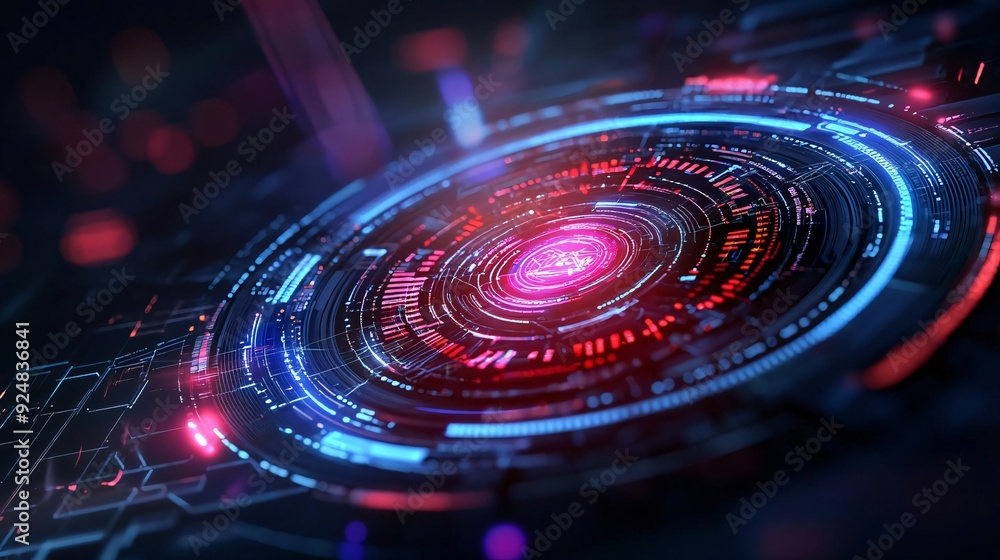 Poster dynamic abstract digital interface with glowing neon elements, showcasing technological sophisticati