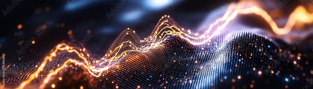 Poster dynamic abstract visualization of light waves and digital particles creating a mesmerizing flow of c