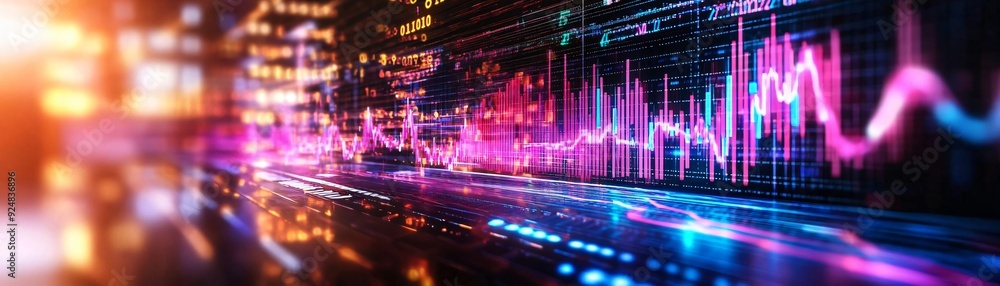 Poster dynamic cityscape featuring vibrant neon lights and data visualization, representing technology and 