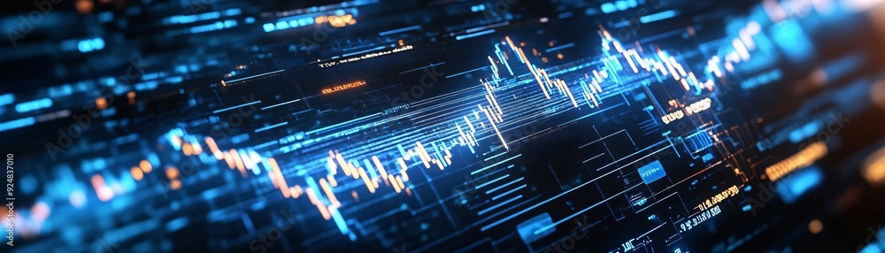 Poster dynamic digital interface showcasing data visualization in a futuristic style with vibrant blue tone