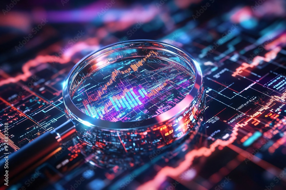 Poster dynamic digital analysis with a magnifying glass over colorful financial data, representing market i