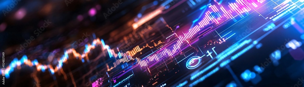 Poster dynamic financial data visualization with vibrant graphs and digital elements representing market tr