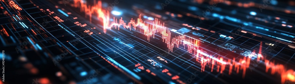 Poster dynamic visualization of abstract data trends with vibrant colors and intricate patterns, representi