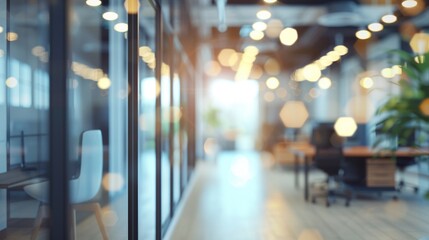 Blurred empty open space office. Abstract light bokeh at office interior background for design,generative ai