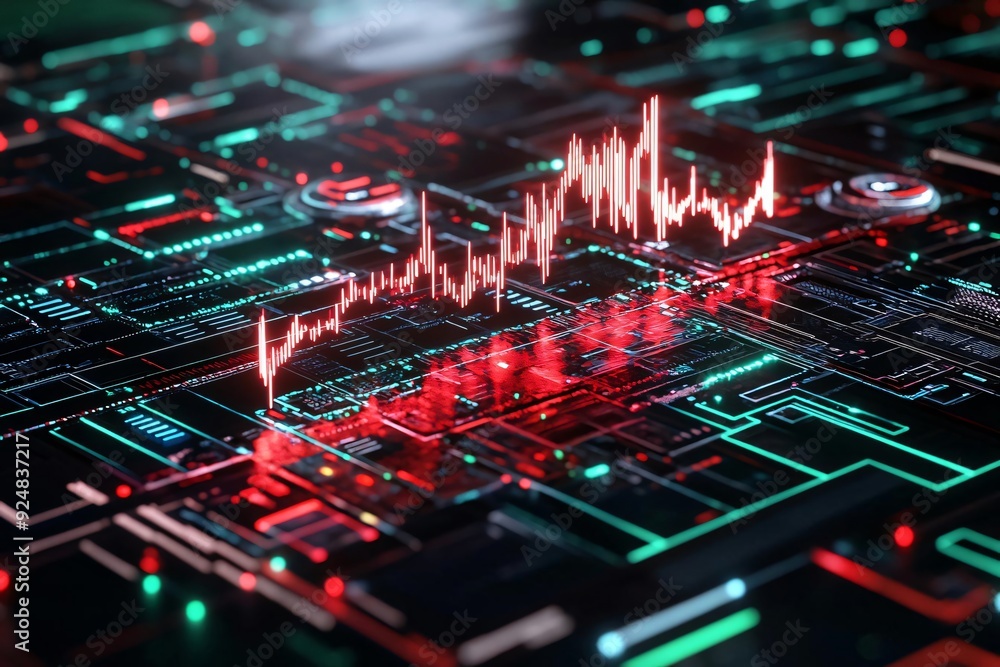 Poster futuristic digital graph on a circuit board, showcasing data analysis and technology integration in 