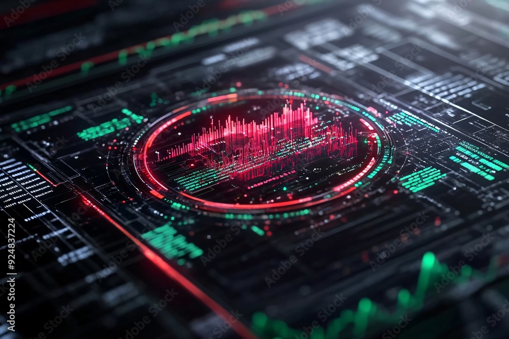 Poster futuristic digital interface close-up featuring data visualization with vibrant red and green wavefo