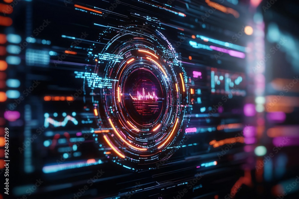 Poster futuristic digital interface with vibrant colors and circular design showcasing data visualization a