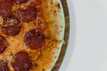 Pizza with salami and prosciutto. Meat pizza with cheese