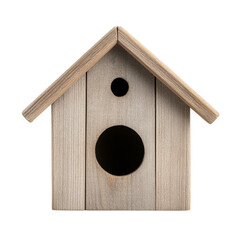 Simple wooden birdhouse with a triangular roof and two circular openings, perfect for garden decoration and providing shelter for birds.
