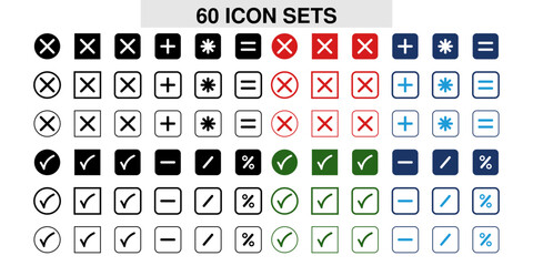 Set of 60 icons cross, multiple, plus, correct, wrong, tick etc.