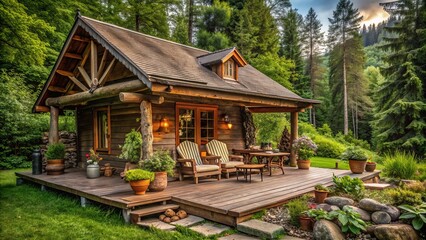 Obraz premium Cozy rustic cabin with wooden porch surrounded by lush greenery, vintage outdoor furniture, and natural textures, evoking a sense of serene wilderness retreat.
