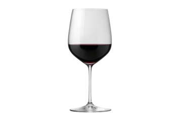Elegant red wine glass with a full pour, perfect for fine dining, wine tasting events, or relaxing evenings. Isolated on a white background.