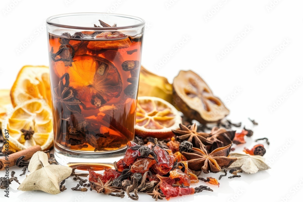 Wall mural bael tea and dried fruit on white background