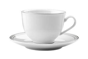 Elegant white porcelain cup and saucer, perfect for tea or coffee serving, showcasing simplicity and sophistication in design.