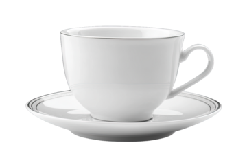 Elegant white porcelain cup and saucer, perfect for tea or coffee serving, showcasing simplicity and sophistication in design.