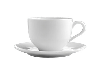 Elegant white coffee cup and saucer, perfect for serving beverages. Ideal for minimalist table settings or stylish cafes.