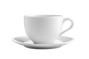Elegant white coffee cup and saucer, perfect for serving beverages. Ideal for minimalist table settings or stylish cafes.