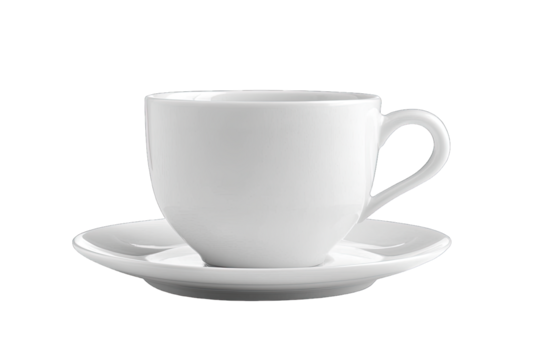 Elegant white coffee cup and saucer, perfect for serving beverages. Ideal for minimalist table settings or stylish cafes.