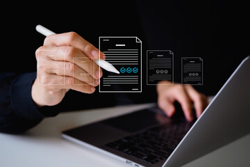 Business standard certificate concept. Businesswoman Certified business documents on virtual screen. International standard certification of product.	