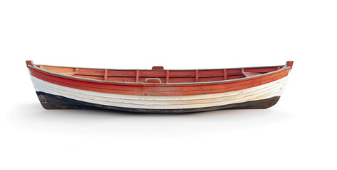 A classic wooden boat, painted red and white, rests on transparent background.png, ready for a day on the water.