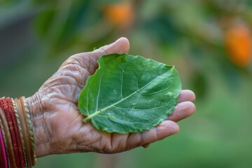 Devotee holding Bael leaf at day from different angle