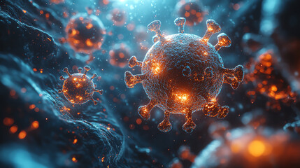 Detailed 3D rendering of a virus in vibrant colors, illustrating scientific concepts related to microbiology and virology.