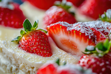 A close up of a strawberry cake with powdered sugar on top