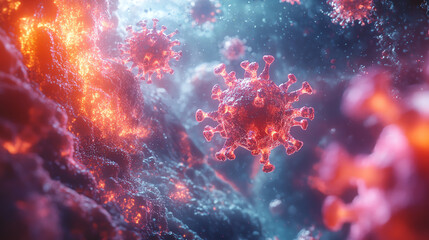 Fototapeta premium Vibrant close-up visualization of a virus, showcasing intricate details and vivid colors, ideal for health and science projects.