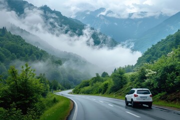 Naklejka premium White SUV Navigating Winding Road Through Scenic Mountains. Highway Journey with Green Forests, Clouds, and Natural Beauty Background