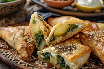 Middle eastern breakfast with traditional pastries and labneh Various pasties with spinach potato cheese and zaatar manaqeesh Closeup view