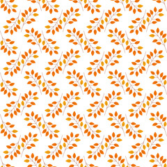 A pattern of orange leaves is spread across a white background. The leaves are arranged in a way that creates a sense of movement and energy. Scene is warm and inviting, evoking the feeling of autumn