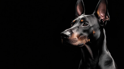 An elegant Doberman portrait against a dark background, highlighting its beauty and strength