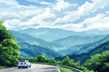 White SUV Traveling Along Winding Highway Through Green Mountains and Forests Under a Cloudy Sky Vector Cartoon Illustration Art