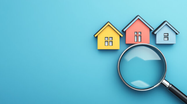 A visual representation of online house searching and property value assessment. The scene includes a magnifying glass focusing on home and property icons, with three types of houses depicted. 