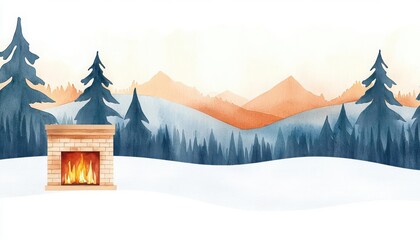Naklejka premium Watercolor painting of a fireplace with a mountain and forest view.