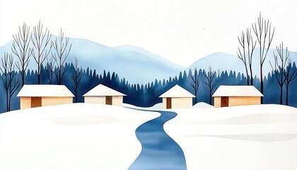 Watercolor painting of a snowy winter landscape with houses and a winding river.