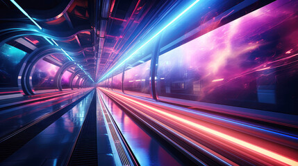 generated illustration of fast express passenger train, futuristic conceptual technology on high speed railway.