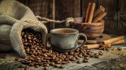 Coffee cup with beans sack and cinnamon sticks on table
