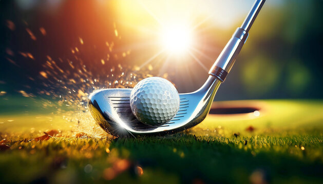 Dynamic Impact of golf Swing. Closeup of a white golf ball and a metal golf club on a golf course, green grass. Generative Ai.