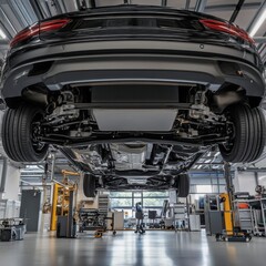 Up-Close Look at a Car's Undercarriage Elevated by a Hydraulic System for Modern Workshop Maintenance.